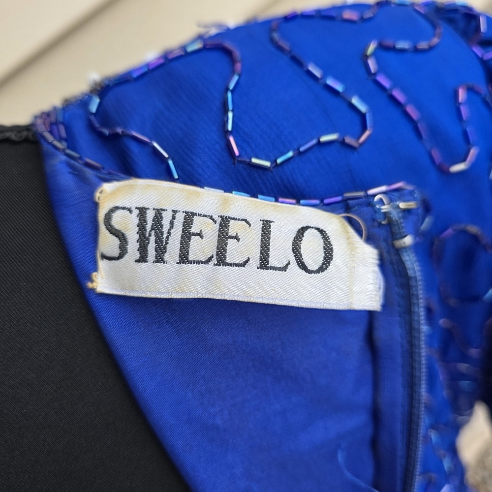 Vintage SWEELO Silk Beaded Blue Cocktail Dress 80s Art Deco Sheath M - Picture 10 of 16